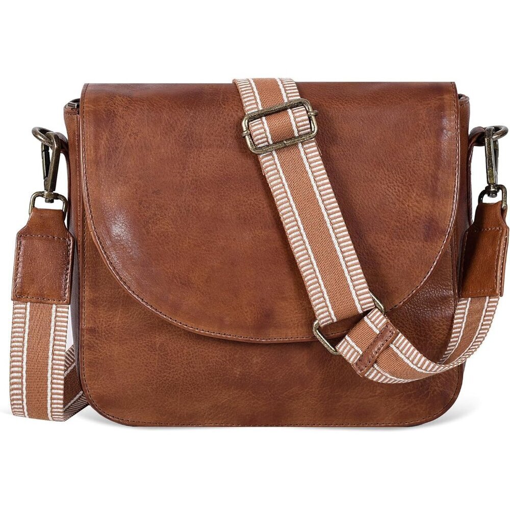 Genuine Leather Tan Web Crossbody Purse Women Adjustable Strap Zipper Pockets